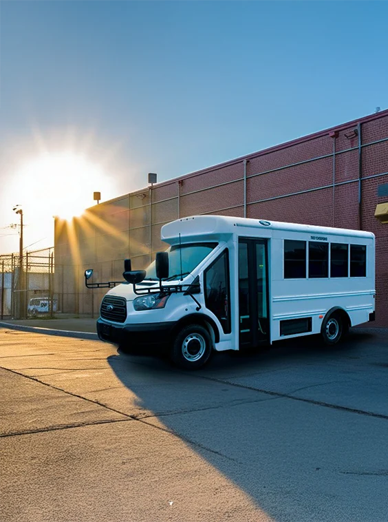 White shuttle bus parked next to a prison near Buffalo